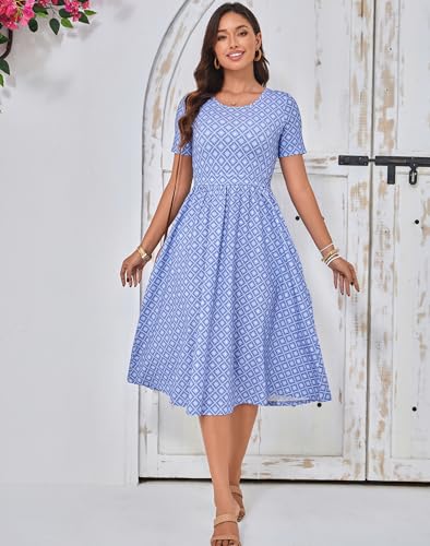 Women's Cotton Nursing Dresses Breastfeeding Midi Breastfeeding Dress with Pockets - color: Blue Tile Bloom, size: 3X