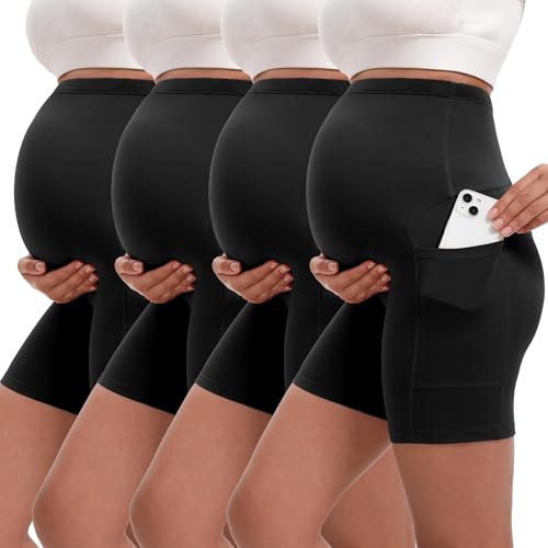 Siimcuzy 4 Pack Women's Maternity Shorts with Pockets Over the Belly - color: 4 Black, size: Medium