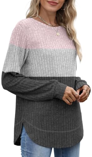 OFEEFAN Womens Sweaters Crew Neck Tunic Tops Long Sleeve Shirts Curved Hem - color: Pink Grey, size: 3X-Large
