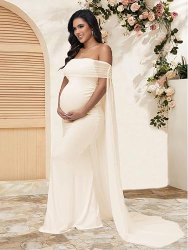 Maternity Mesh Off Shoulder Chiffon Cloak Maxi Photoshoot Dress - color: Beige, size: Medium