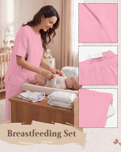 2Pc Postpartum Nursing Pajamas Set - color: Pink, size: XX-Large