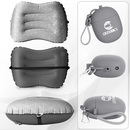 Crisonky Camping Pillow, Inflatable Pillow with 2-in-1 Air Pump Storage Bag - color: Grey