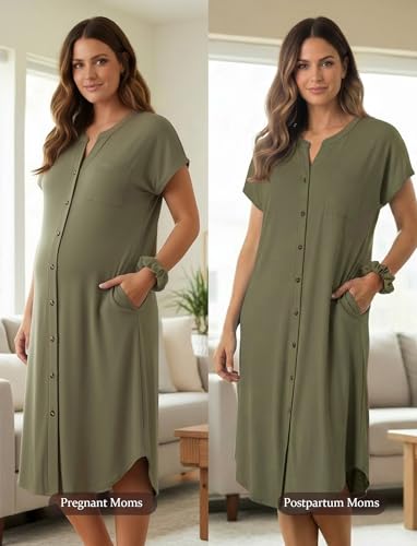 PATPAT Maternity Nursing Dress, Womens Button-Down Midi Dress with Pockets - color: Olive Green, size: X-Large