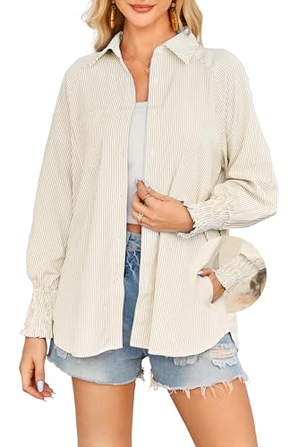 OUGES Women's Cotton Blend Oversized Boyfriend Collar Shirts Smocked Cuffed Striped Button Down Blouse Tops with Pockets - color: Apricot, size: Medium