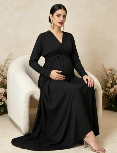 Maternity Long Sleeve V Neck Maxi Dress Tie Waist Flowy Maxi Gown - color: Black, size: Small