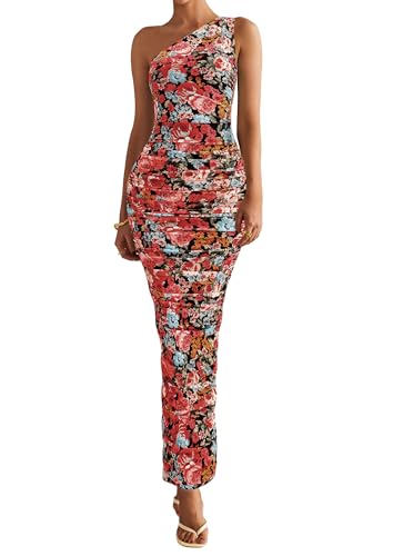 PRETTYGARDEN One Shoulder Maxi Dress Ruched Printed - color: Black Flower, size: Large