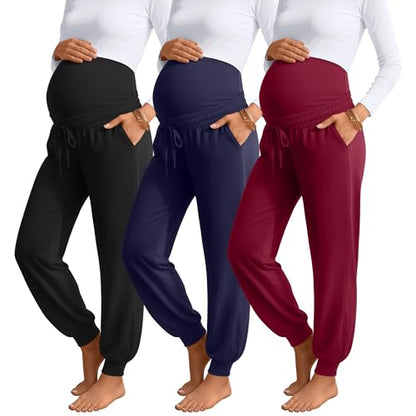 3 Pack Womens Maternity Pants Loose Pregnancy Joggers - color: Wine Red, Navy Blue, Black, size: Medium