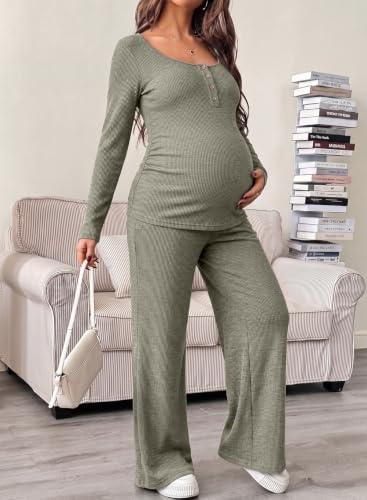 BLENCOT Maternity Clothes Ribbed Long Sleeve Sets Button 2 Piece Outfits - color: Green, size: X-Large