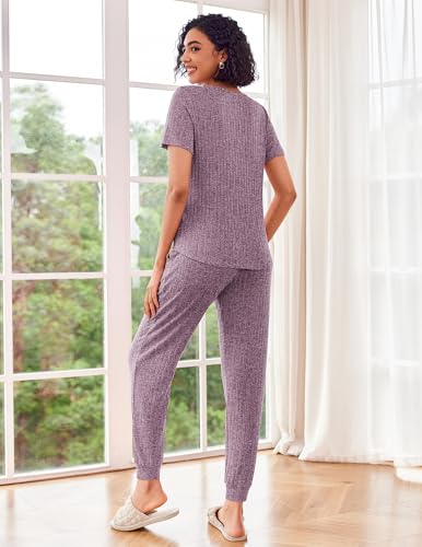 Ekouaer Pajama Sets for Womens 2 Piece Jogger Pants Lounge Set - color: Purple, size: X-Large