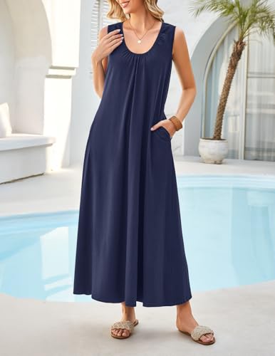 MEROKEETY Women's Summer Boho Sleeveless Ruched Maxi Dress - color: Navy, size: Large