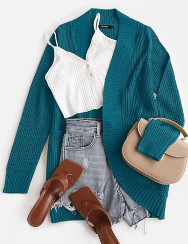 ZESICA Womens Fall Fashion Open Front Cardigan Sweaters - color: Teal, size: Small