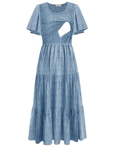 CzzzyL Womens Nursing Dress Summer Floral Print Smocked Maxi with Pockets - color: Leopardblue, size: Medium