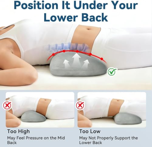 Adjustable Height Lumbar Support Pillow for Sleeping, Ergonomic Contour Lower Back Pillow for Bed with Breathable Washable Cover, Spine Alignment & Sleep Comfort, Grey