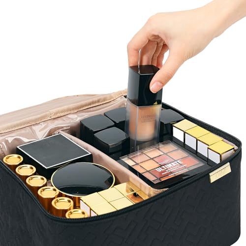 NISHEL Large Makeup Bag Organizer, Double Layer Cosmetic Travel Case - color: Black, size: Large
