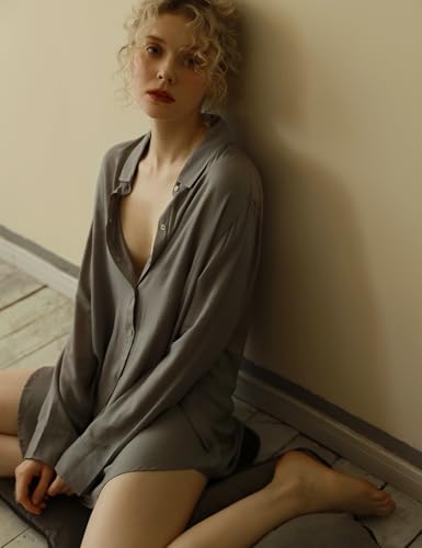 TOUSYEA Soft Women's Sleepshirt Oversized Button Down Swimsuit Cover Ups - color: Grey, size: Small