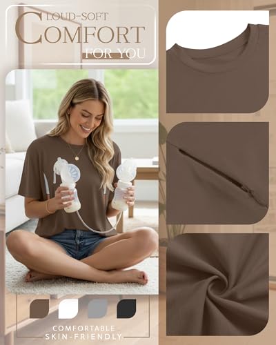 4 Pack Nursing Breastfeeding Shirts - color: Light Brown, White, Gray, Black, size: Medium