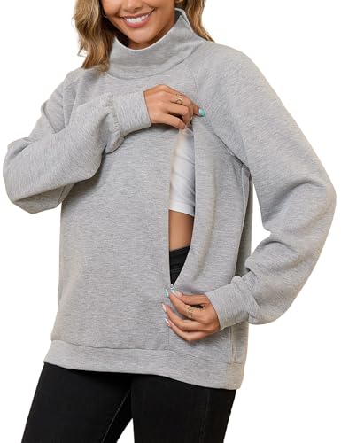 Bhome Nursing Sweatshirt for Breastfeeding High Neck Long Sleeve Nursing Shirt Zipper Maternity Pumping Top Pullover - color: Light Heather Gray, size: Medium