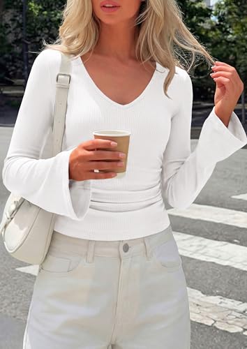 PRETTYGARDEN Womens Fall Cute Tops Bell Long Sleeve Shirts - color: White, size: Large