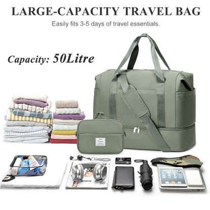 Travel Duffel Bag,Overnight Weekender Bags for Women with Shoe Compartment - color: Green