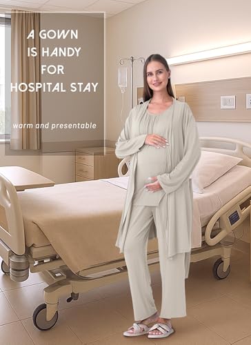 Rnxrbb 3 PCS Nursing Pajamas Robe Set Maternity Postpartum Pjs for Hospital - color: Beige, size: XX-Large