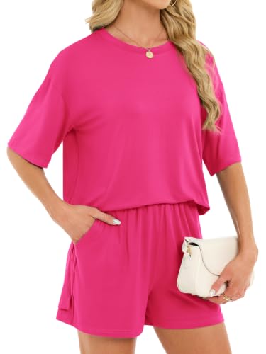 Women's 2 Piece Short Sets Loose Lounge Sets Summer Matching Sets - color: Pink, size: XX-Large