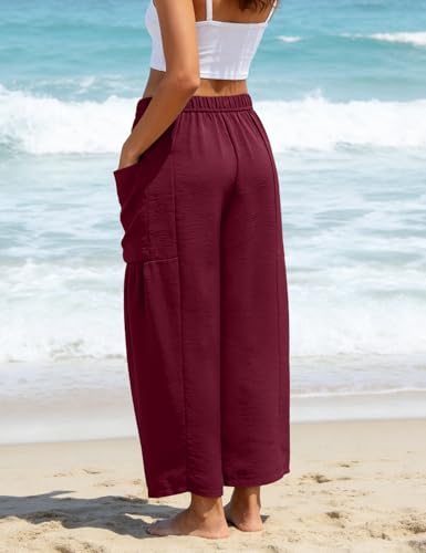 Flygo Women's Flowy Drawstring Wide Leg Pants with Side Pockets - color: Burgundy, size: Medium