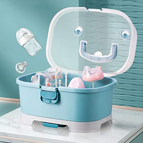 Baby Bottle Drying Rack Storage, Large Nursing Bottle Storage Box Organizer with Cover, Portable Kitchen Cabinet Organizer, Durable countertop Dryer - color: Blue