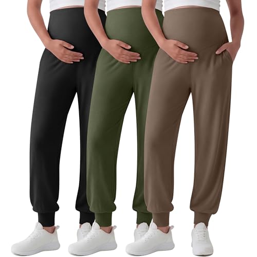 3 Pack Women's Maternity Pants - color: Light Brown, Army Green, Black, size: XX-Large
