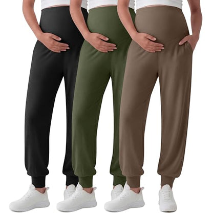 3 Pack Women's Maternity Pants - color: Light Brown, Army Green, Black, size: XX-Large