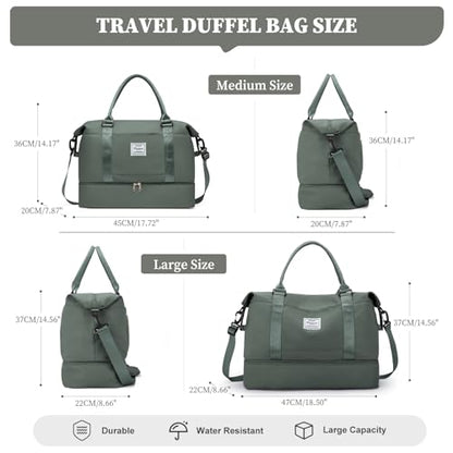 Weekender Bags for Women, Personal Item Travel Bag with Shoes Compartment - color: Olive Green, size: Medium