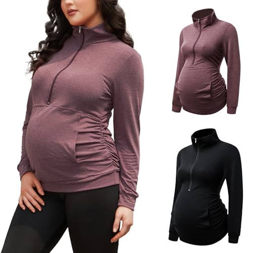 GINKANA Maternity Women's Long Sleeve Shirt Half Zipper Lapel Lightweight Casual Maternity Pullover with Pockets - color: Burgundy+black, size: Small