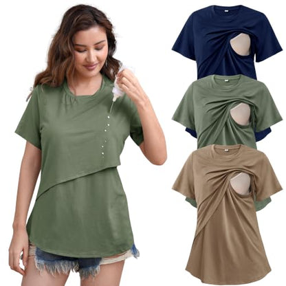 SUNNYBUY Women's Nursing Tops 3 Pack, Breastfeeding Shirts Maternity Tee - color: Navy/Sage Green/Taupe, size: Medium