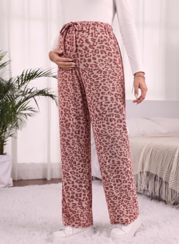 BLENCOT Maternity Pants Leopard Wide Leg Drawstring Pregnancy Trousers - color: Pink, size: Large