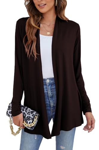 Ladlop Women's Lightweight Open Front Cardigans Long Sleeve Casual Soft Drape Fall Cardigan - color: Brown, size: Medium