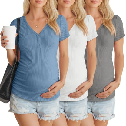 3 Pack Women's Maternity Shirts - color: Sky Blue, White, Light Heather Gray, size: XX-Large
