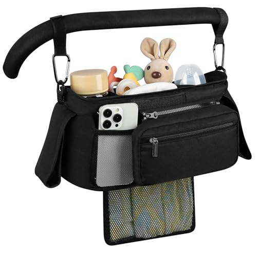 Accmor Universal Stroller Organizer with Insulated Cup Holder - color: All Black/Detachable Diaper Pocket