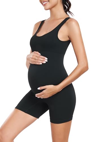 EastElegant Maternity Seamless Yoga Jumpsuits Women's One Piece Workout Bodysuits Ribbed Square Neck Romper - color: Black, size: Medium
