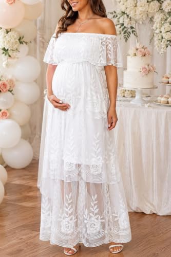 Women's Off Shoulder Maternity Dress Swiss Dot Boho Baby Shower Dress - color: White Lace, size: Medium