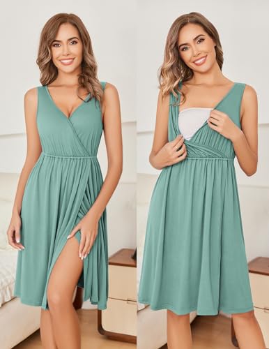 Ekouaer Maternity Nursing Gown and Robe Set Labor Delivery Nightgowns - color: Celadon Green, size: X-Large