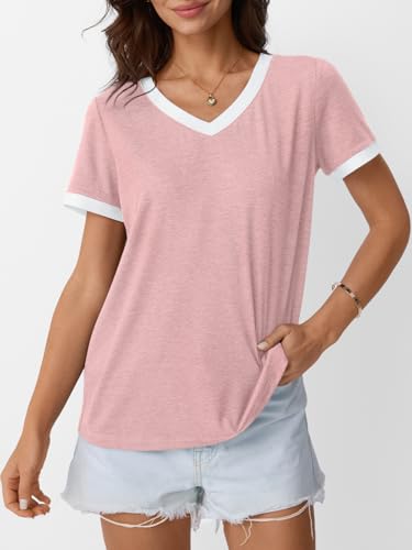 AUTOMET Womens Short Sleeve T-Shirts V Neck Summer Tops Comfy Clothes 2026 - color: Pink, size: Small
