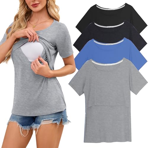 Smallshow Women's 4 Pack Ribbed Short Sleeve Nursing Tops - color: Blue-black-deep Grey-light Grey(4 Packs), size: Small