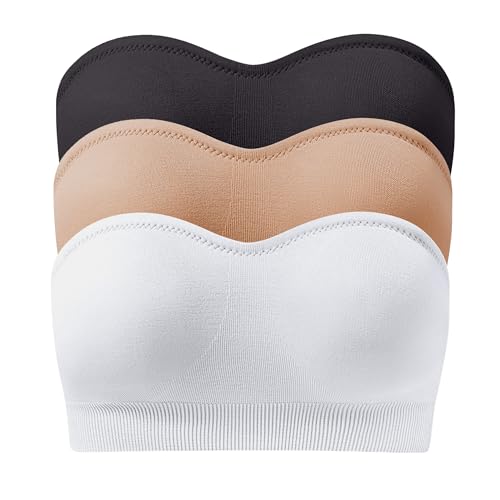 Strapless Bras, No-Removable Pads Bandeau Tops for Women - color: Black+beige+white-next-gen Non-removable Padding, size: Medium