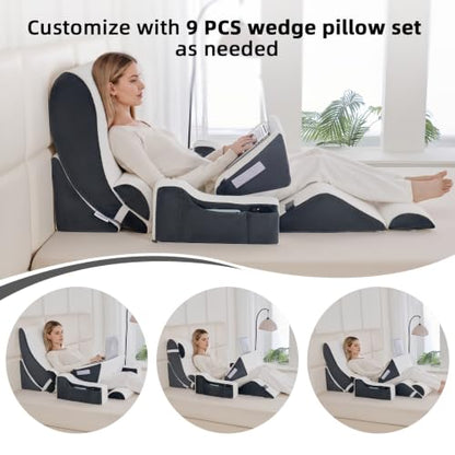 Wedge Pillow Set for After Surgery,White/Dark Grey,9PCS-23.2" - color: White/Dark Grey, size: 9PCS-23.2''