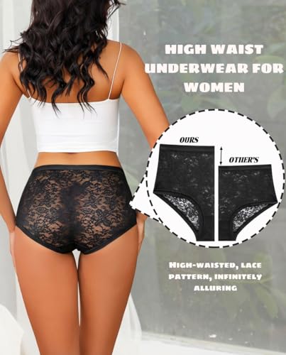 Womens High Waisted Underwear Sexy Lace Cheeky Panties Full Coverage Briefs - color: Black, size: X-Large