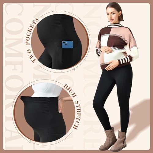 Walifrey Maternity Fleece Lined Leggings with Pockets - color: Brown, size: XX-Large