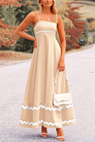 PRETTYGARDEN Women's Summer Spaghetti Strap Boho Maxi Dress - color: Beige, size: XX-Large