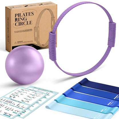 Pilates Kit, 13.5" Pilates Ring with Mini Ball & Resistance Bands - color: Purple, size: Pilates Kit