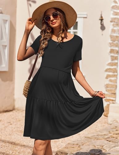 Maternity Dress Summer Short Sleeve Casual Nursing Dresses Breastfeeding - color: Black, size: Medium