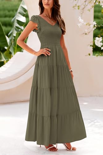 PRETTYGARDEN Women's Summer Smocked Flowy Maxi Dress - color: Solid Army Green, size: XX-Large