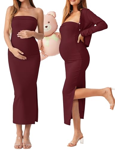 2 Piece Strapless Maternity Dress & Cardigan Set for Baby Shower - color: Burgundy, size: Small